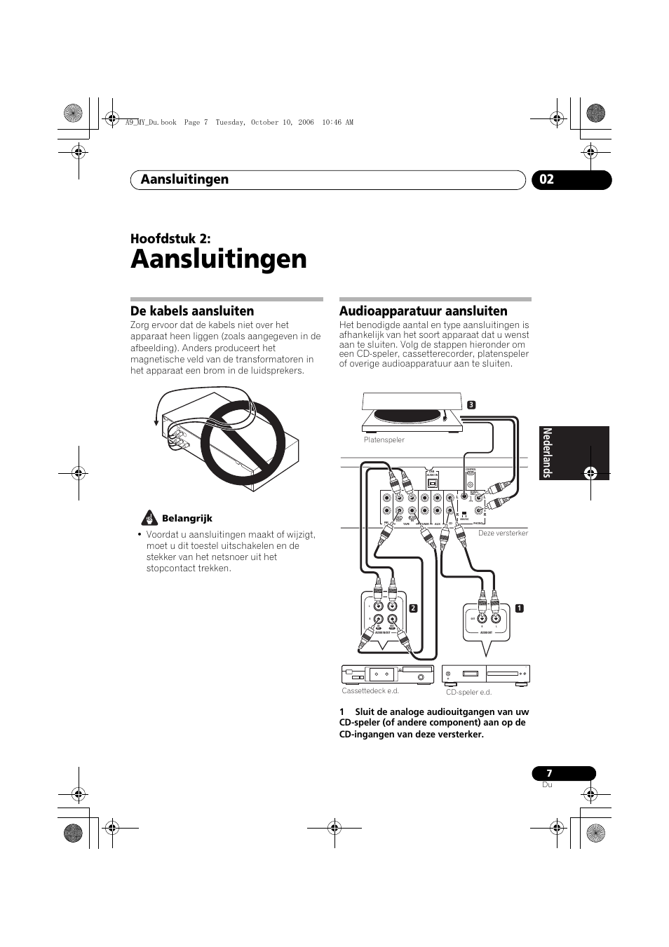 02 aansluitingen, De kabels aansluiten, Audioapparatuur aansluiten | Aansluitingen, Aansluitingen 02, Hoofdstuk 2 | Pioneer A-A9-J User Manual | Page 61 / 109