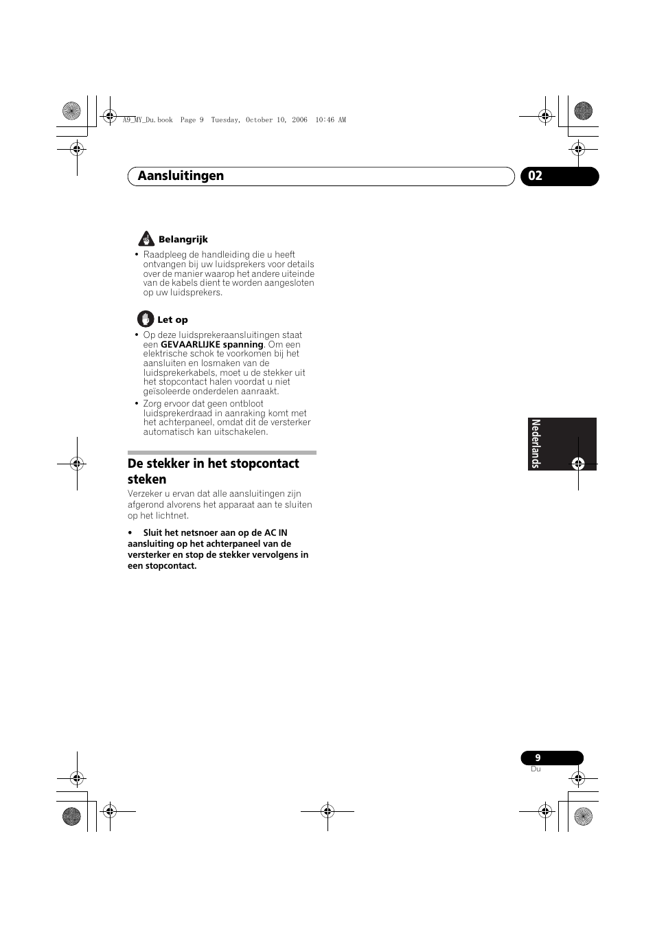 De stekker in het stopcontact steken, Aansluitingen 02 | Pioneer A-A9-J User Manual | Page 63 / 109
