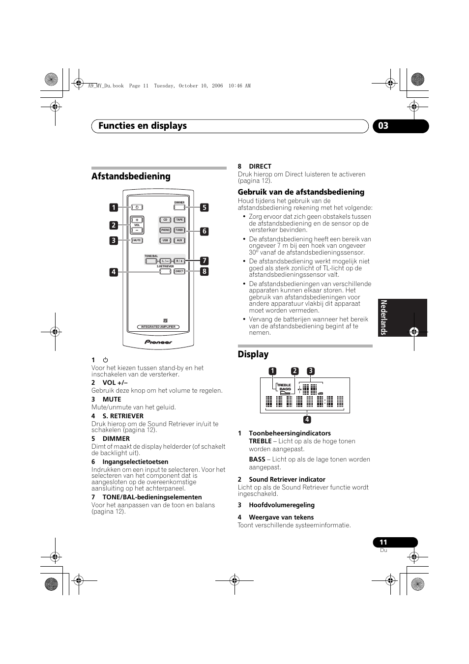 Afstandsbediening, Gebruik van de afstandsbediening, Display | Functies en displays 03 | Pioneer A-A9-J User Manual | Page 65 / 109