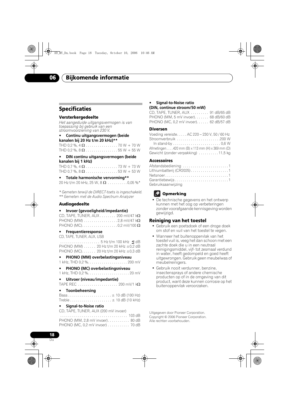 Specificaties, Reiniging van het toestel, Bijkomende informatie 06 | Pioneer A-A9-J User Manual | Page 72 / 109