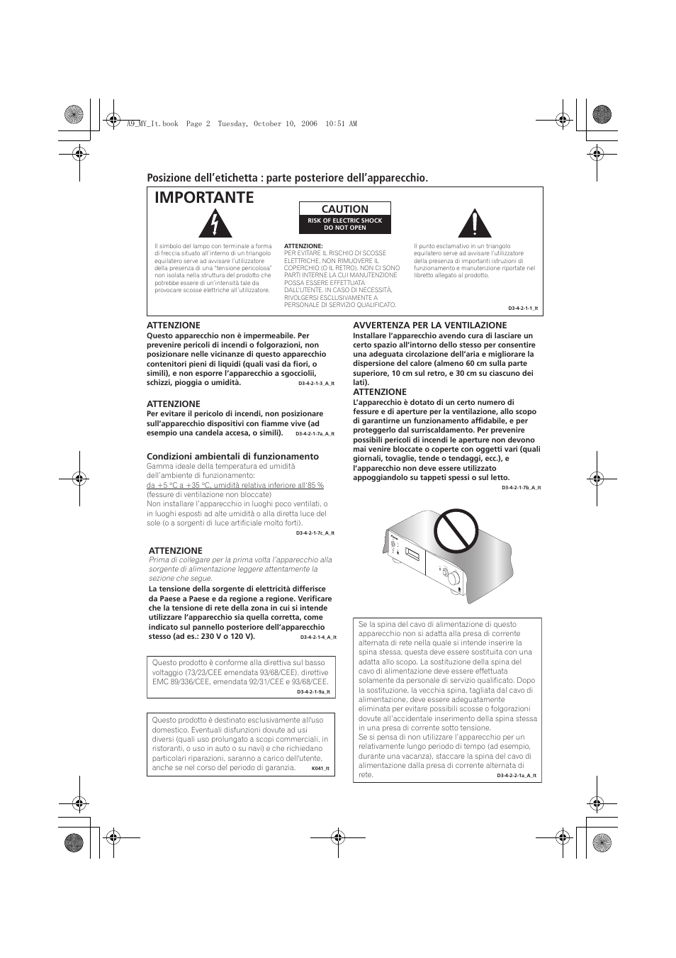 Importante, Caution | Pioneer A-A9-J User Manual | Page 74 / 109