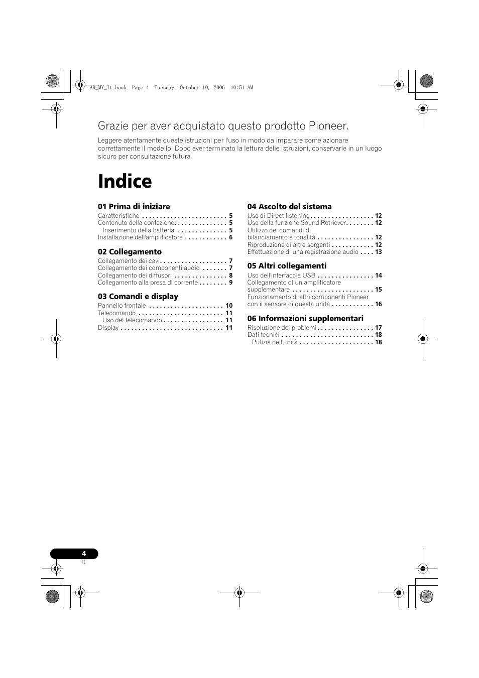 Indice, Grazie per aver acquistato questo prodotto pioneer | Pioneer A-A9-J User Manual | Page 76 / 109