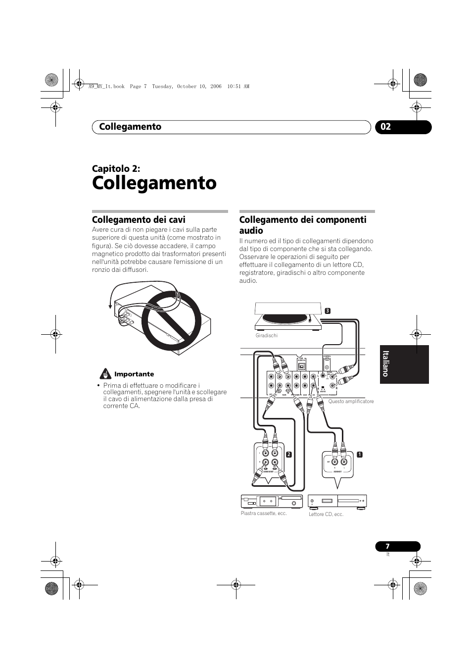 02 collegamento, Collegamento dei cavi, Collegamento dei componenti audio | Collegamento, Collegamento 02, Capitolo 2 | Pioneer A-A9-J User Manual | Page 79 / 109