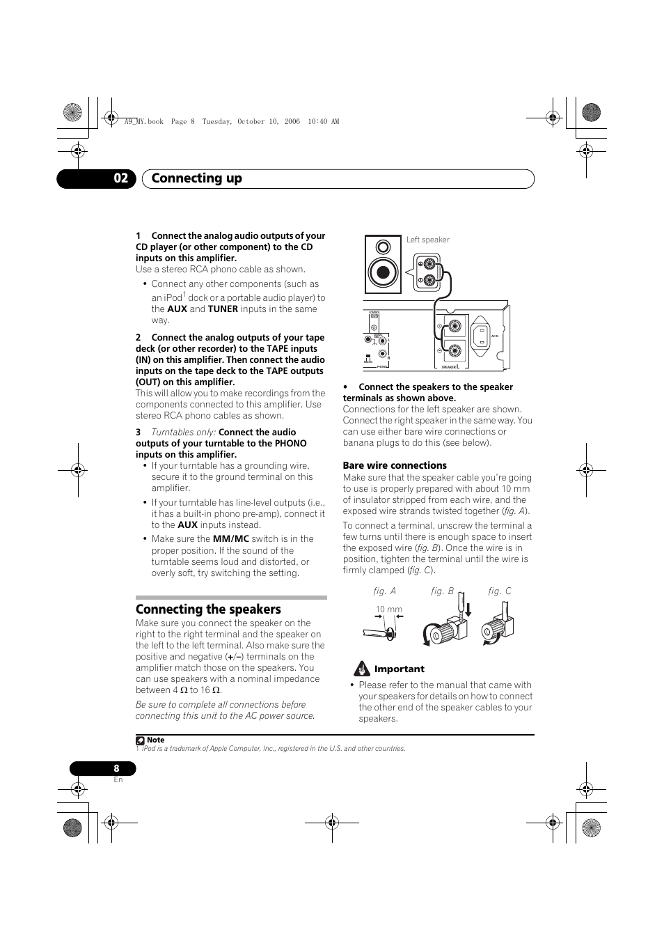 Connecting the speakers, Connecting up 02 | Pioneer A-A9-J User Manual | Page 8 / 109