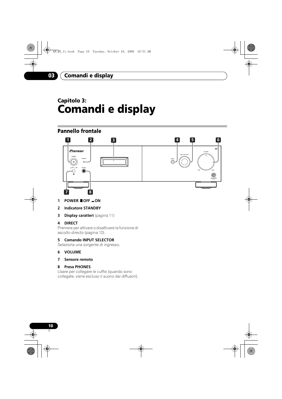 03 comandi e display, Pannello frontale, Comandi e display | Comandi e display 03, Capitolo 3 | Pioneer A-A9-J User Manual | Page 82 / 109