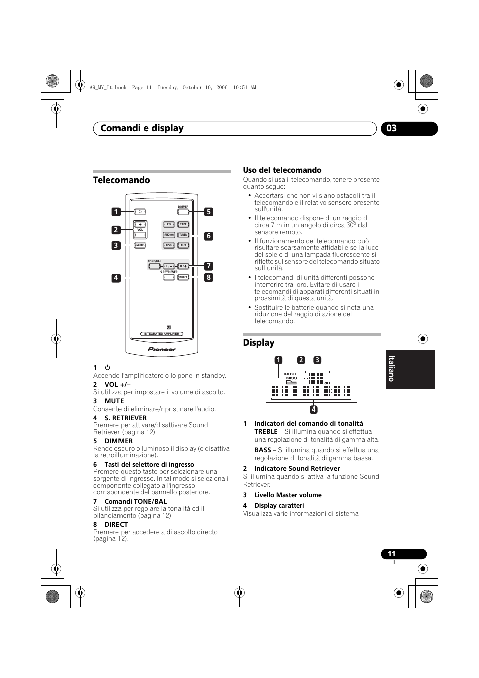 Telecomando, Uso del telecomando, Display | Comandi e display 03 | Pioneer A-A9-J User Manual | Page 83 / 109