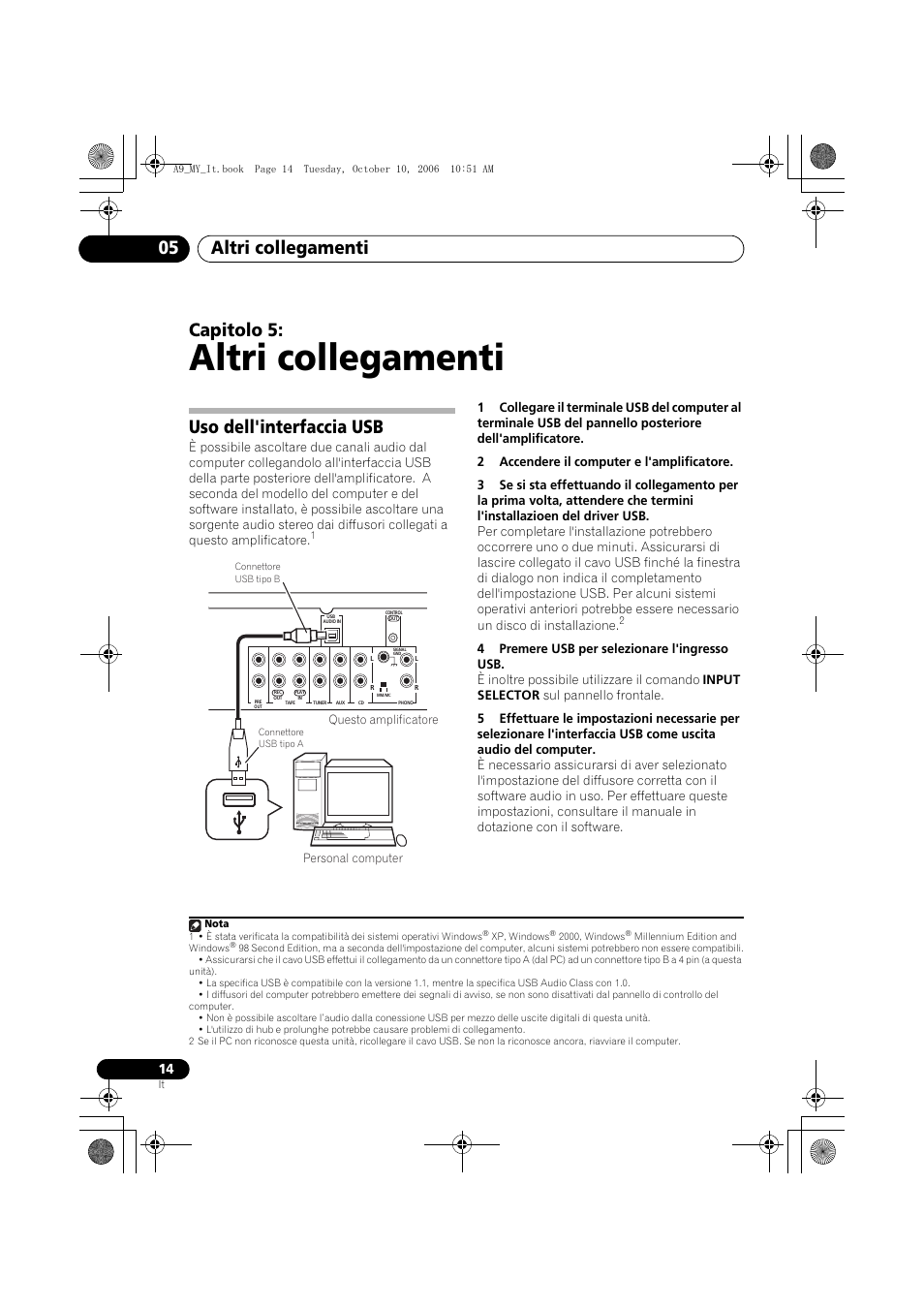 05 altri collegamenti, Uso dell'interfaccia usb, Altri collegamenti | Altri collegamenti 05, Capitolo 5 | Pioneer A-A9-J User Manual | Page 86 / 109