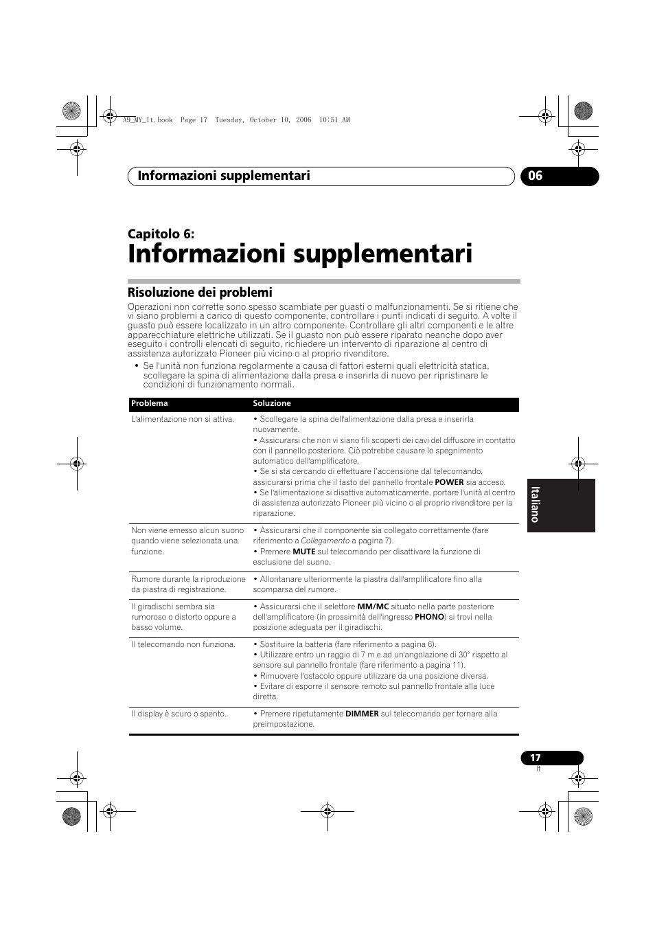 06 informazioni supplementari, Risoluzione dei problemi, Informazioni supplementari | Informazioni supplementari 06, Capitolo 6 | Pioneer A-A9-J User Manual | Page 89 / 109