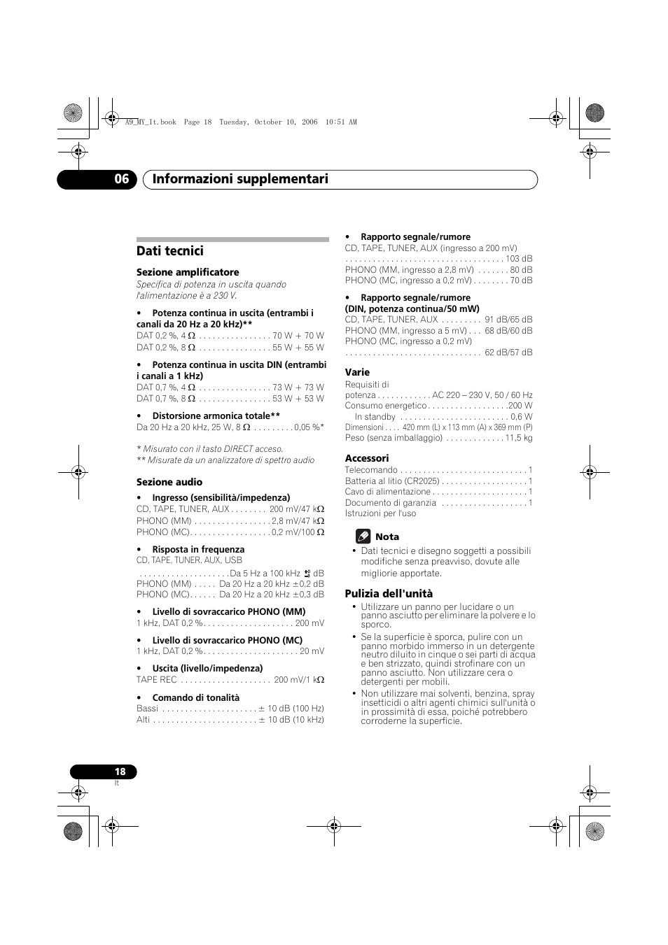 Dati tecnici, Pulizia dell'unità, Informazioni supplementari 06 | Pioneer A-A9-J User Manual | Page 90 / 109