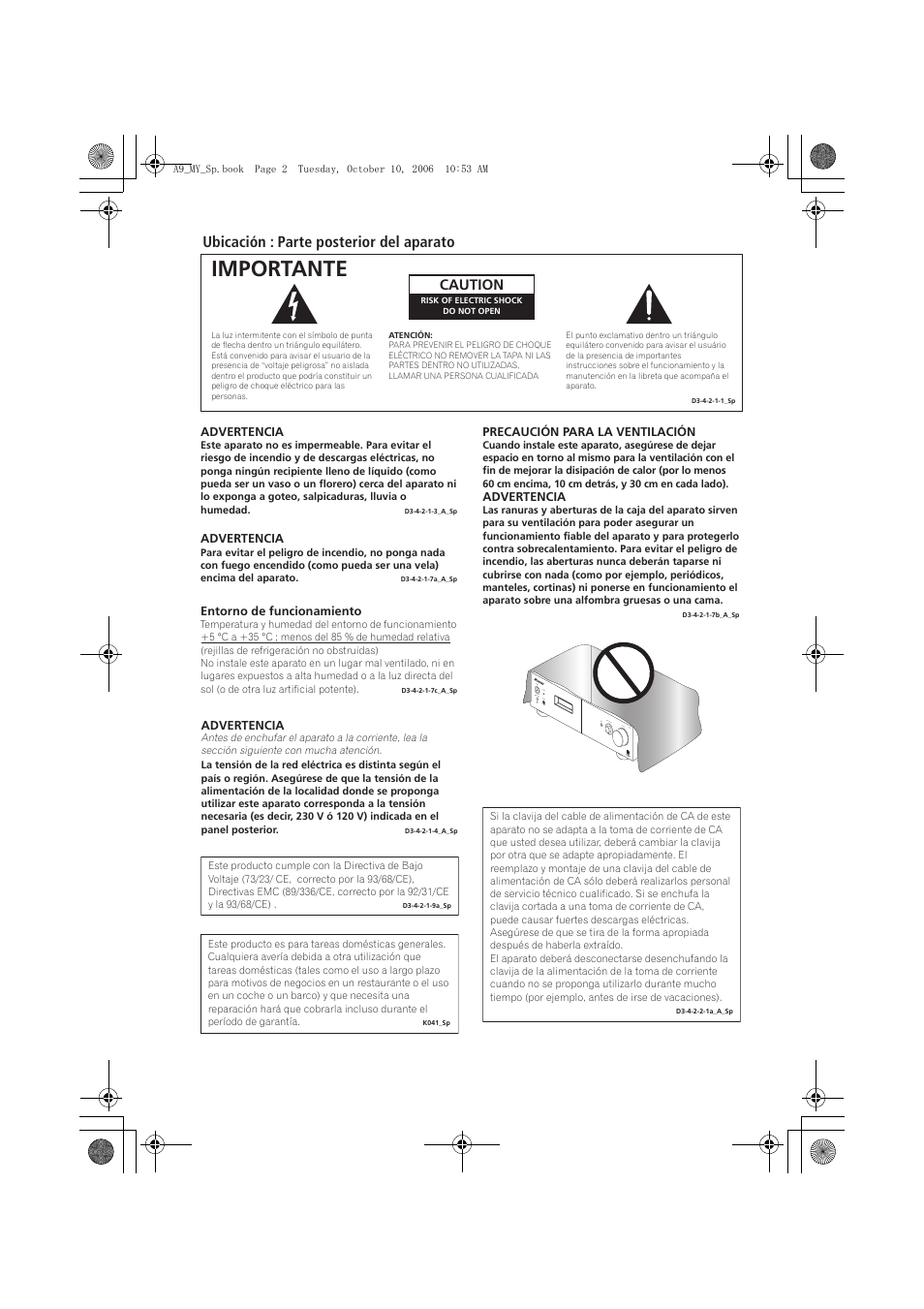 Importante, Ubicación : parte posterior del aparato, Caution | Pioneer A-A9-J User Manual | Page 92 / 109