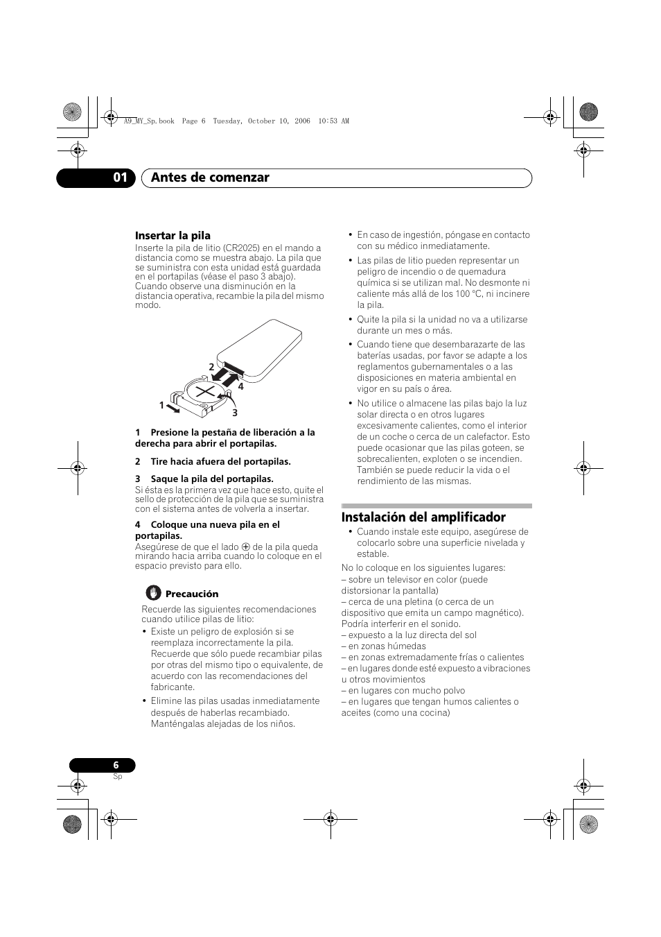 Insertar la pila, Instalación del amplificador, Antes de comenzar 01 | Pioneer A-A9-J User Manual | Page 96 / 109