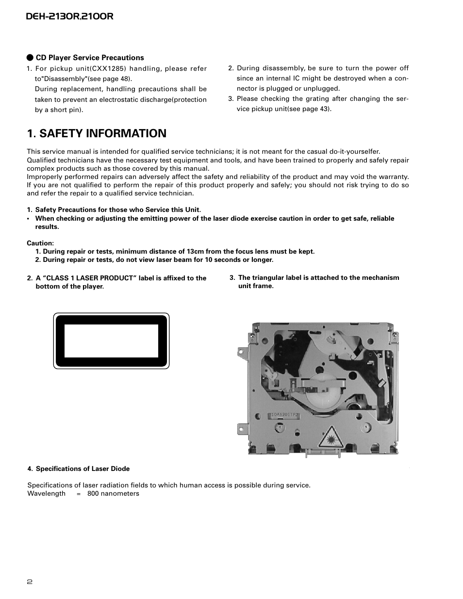 Safety information, Class 1 laser product | Pioneer DEH-2130R  EN User Manual | Page 2 / 66