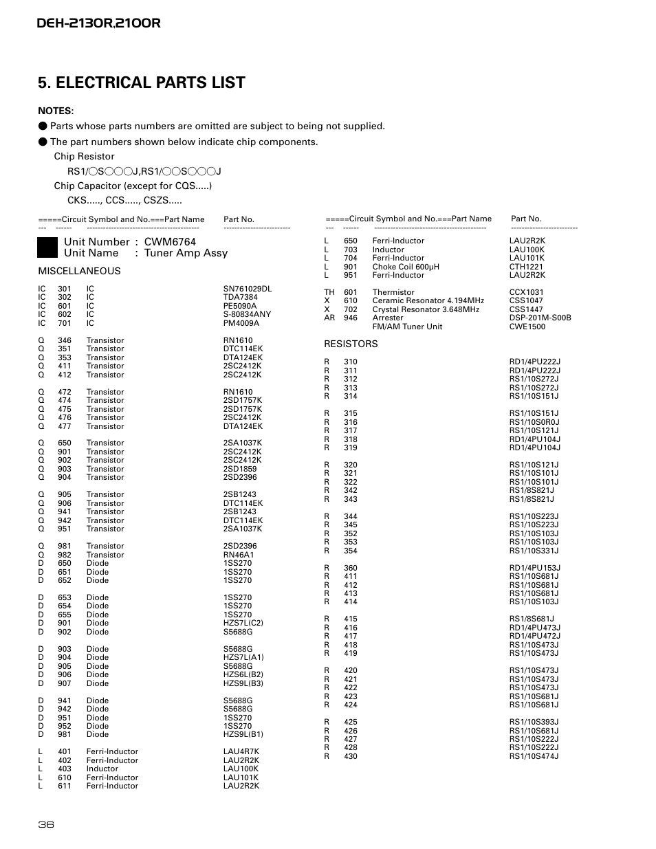 Electrical parts list, Unit number : cwm6764 unit name : tuner amp assy | Pioneer DEH-2130R  EN User Manual | Page 36 / 66