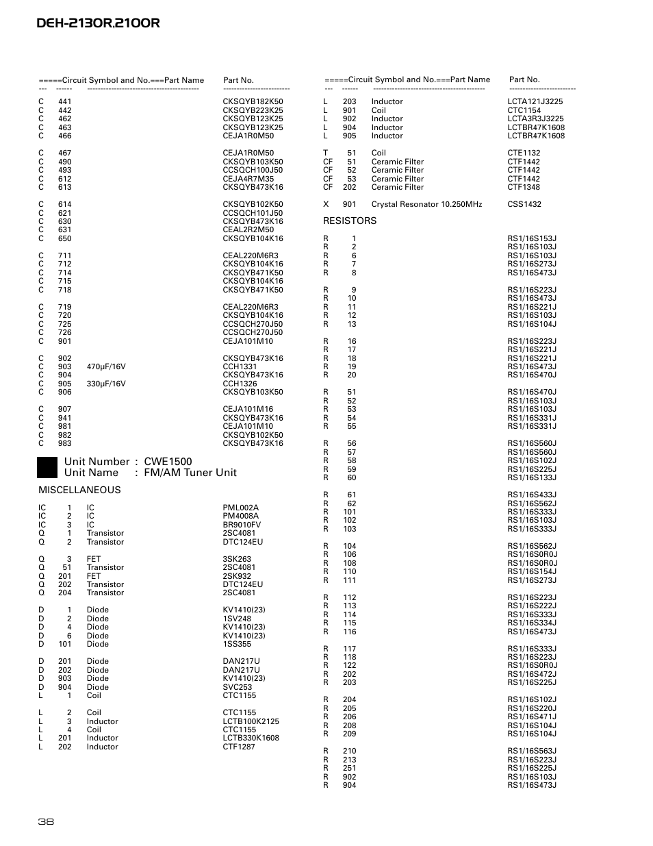Unit number : cwe1500 unit name : fm/am tuner unit | Pioneer DEH-2130R  EN User Manual | Page 38 / 66