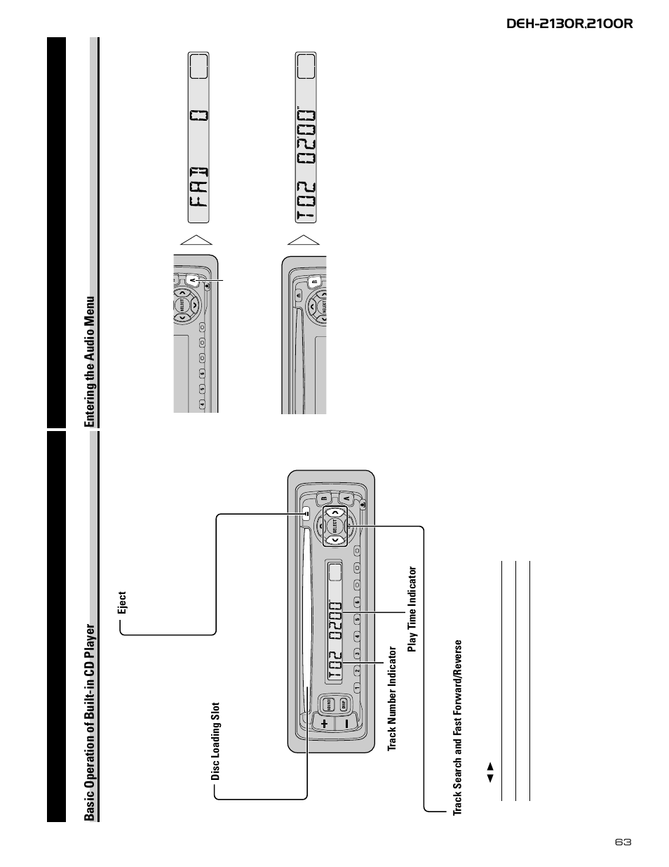 Basic operation, Audio adjustment, Basic operation of built-in cd player | Entering the audio menu | Pioneer DEH-2130R  EN User Manual | Page 63 / 66
