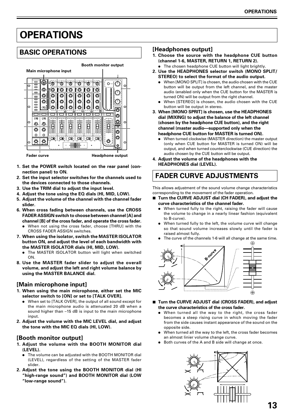 Operations, Basic operations fader curve adjustments, Fader curve adjustments | Basic operations, Main microphone input, Booth monitor output, Headphones output | Pioneer DJM-1000 User Manual | Page 13 / 20