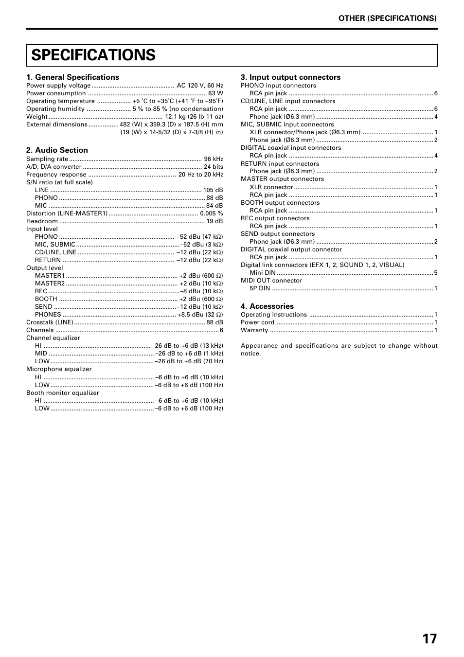 Specifications | Pioneer DJM-1000 User Manual | Page 17 / 20