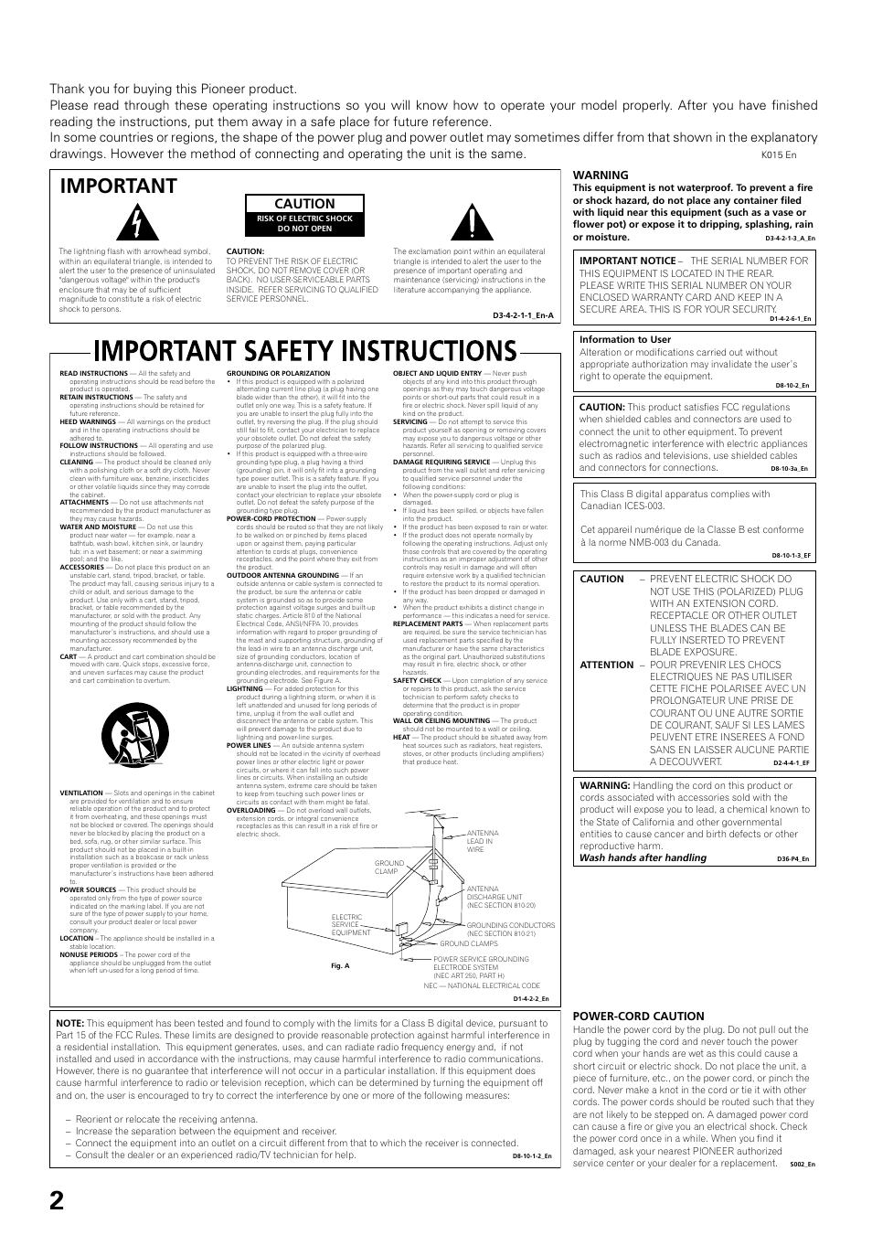 Important, Caution, Warning | Power-cord caution | Pioneer DJM-1000 User Manual | Page 2 / 20