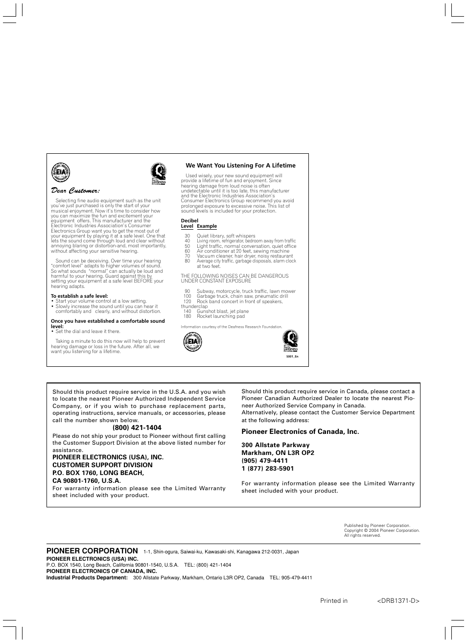 Pioneer corporation, Pioneer electronics of canada, inc | Pioneer DJM-1000 User Manual | Page 20 / 20