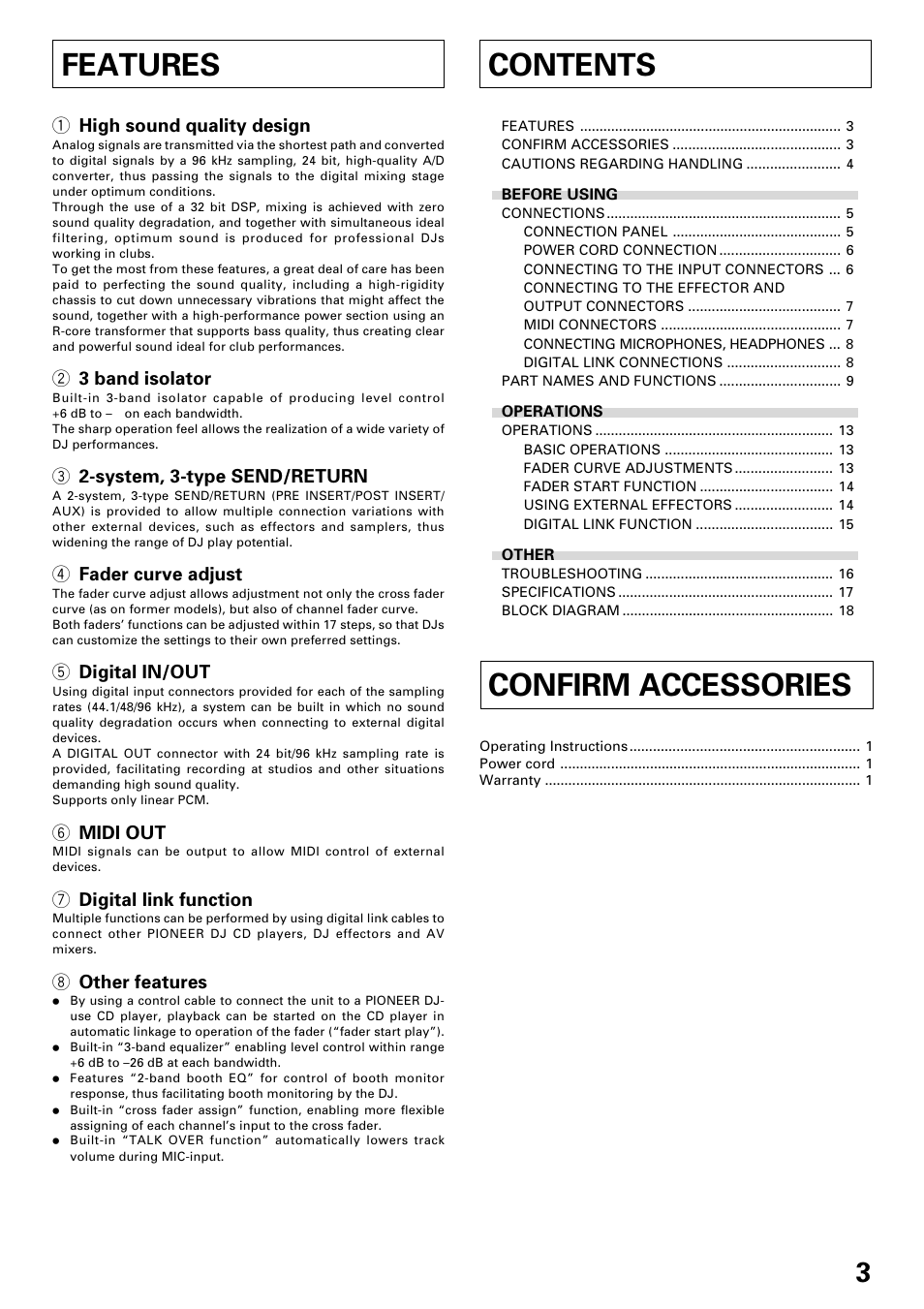 Features contents, Confirm accessories | Pioneer DJM-1000 User Manual | Page 3 / 20