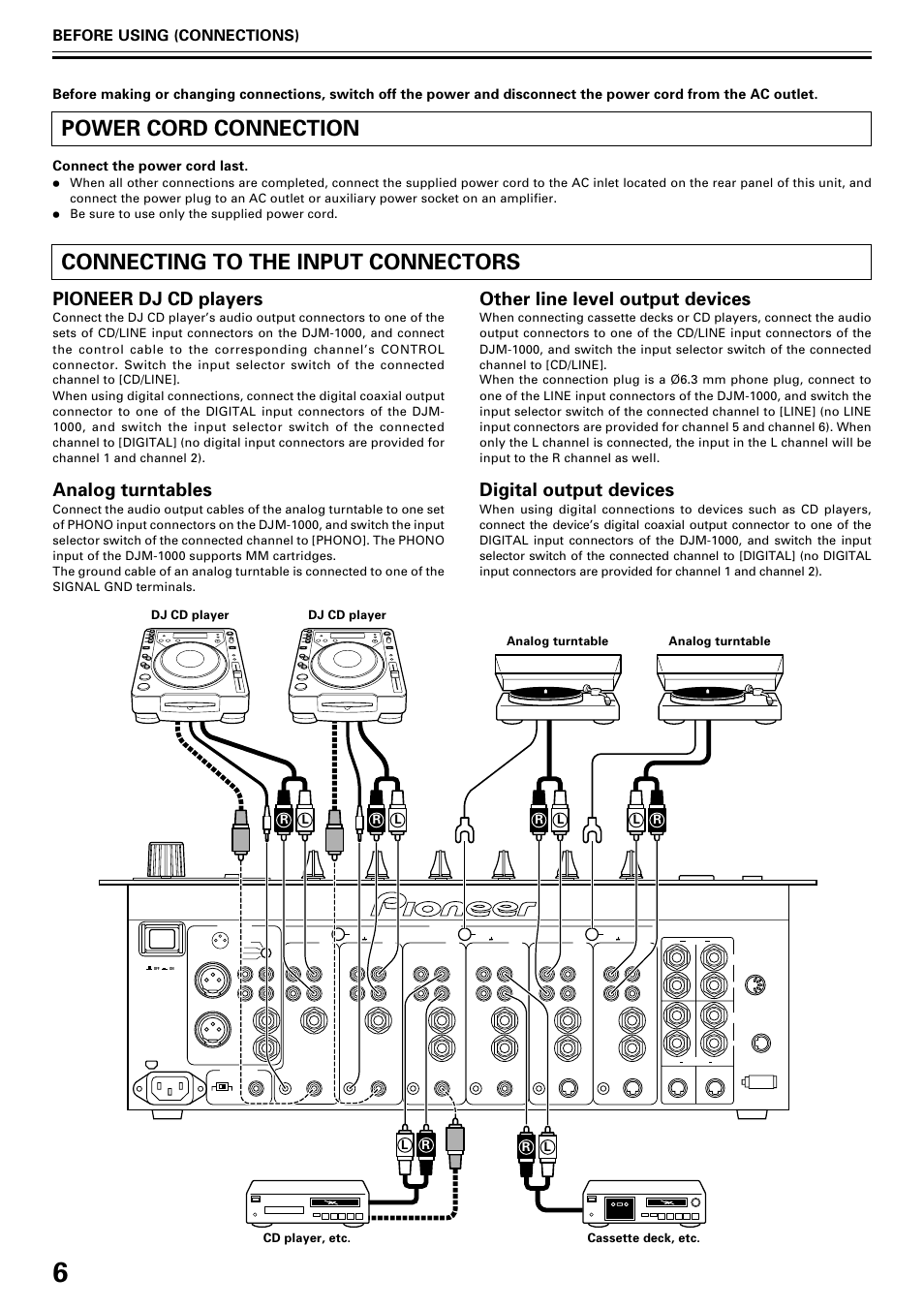 Power cord connection, Connecting to the input connectors, Pioneer dj cd players | Analog turntables, Other line level output devices, Digital output devices, Before using (connections), Connect the power cord last | Pioneer DJM-1000 User Manual | Page 6 / 20