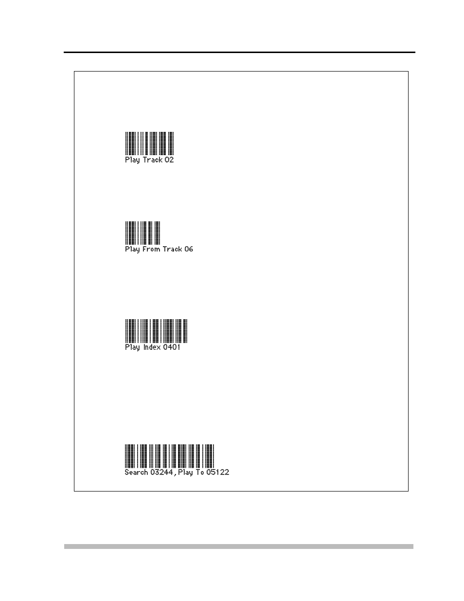 Barcode cd, Commands & logo, Barcode cd command set sample barcodes | Appendix e, Barcode cd commands & logo, Play track, Play from track, Play index, Play time segment | Pioneer LASERDISC/COMPACT DISC PLAYERS CLD-V2400 User Manual | Page 125 / 144