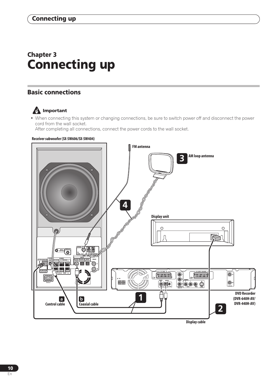Connecting up, Chapter 3, Basic connections | Display cable, Fm antenna | Pioneer RCS-606H User Manual | Page 10 / 152