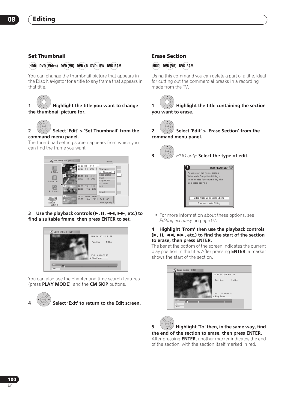 Editing 08, Set thumbnail, Hdd dvd (video) dvd (vr) dvd+r dvd+rw dvd-ram | Hdd dvd (vr) dvd-ram | Pioneer RCS-606H User Manual | Page 100 / 152