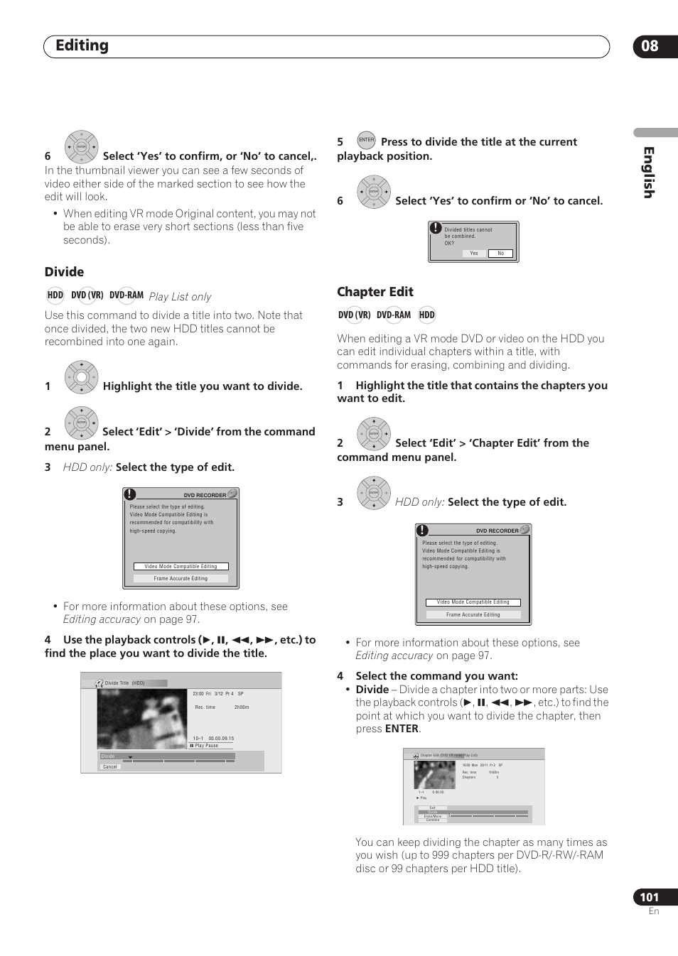 Editing 08, English, Divide | Chapter edit | Pioneer RCS-606H User Manual | Page 101 / 152