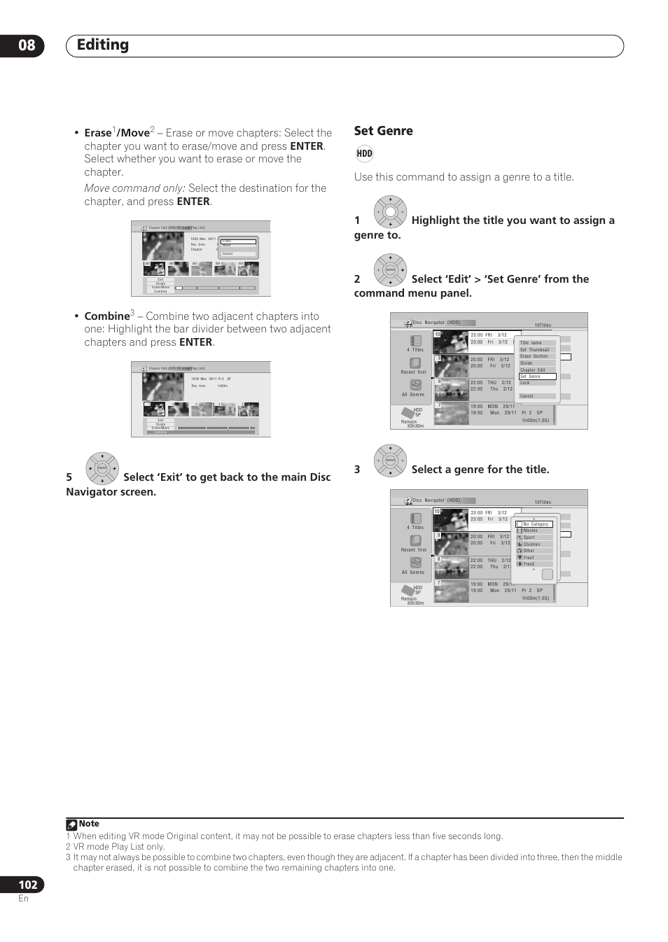 Editing 08, Set genre, Erase | Move | Pioneer RCS-606H User Manual | Page 102 / 152