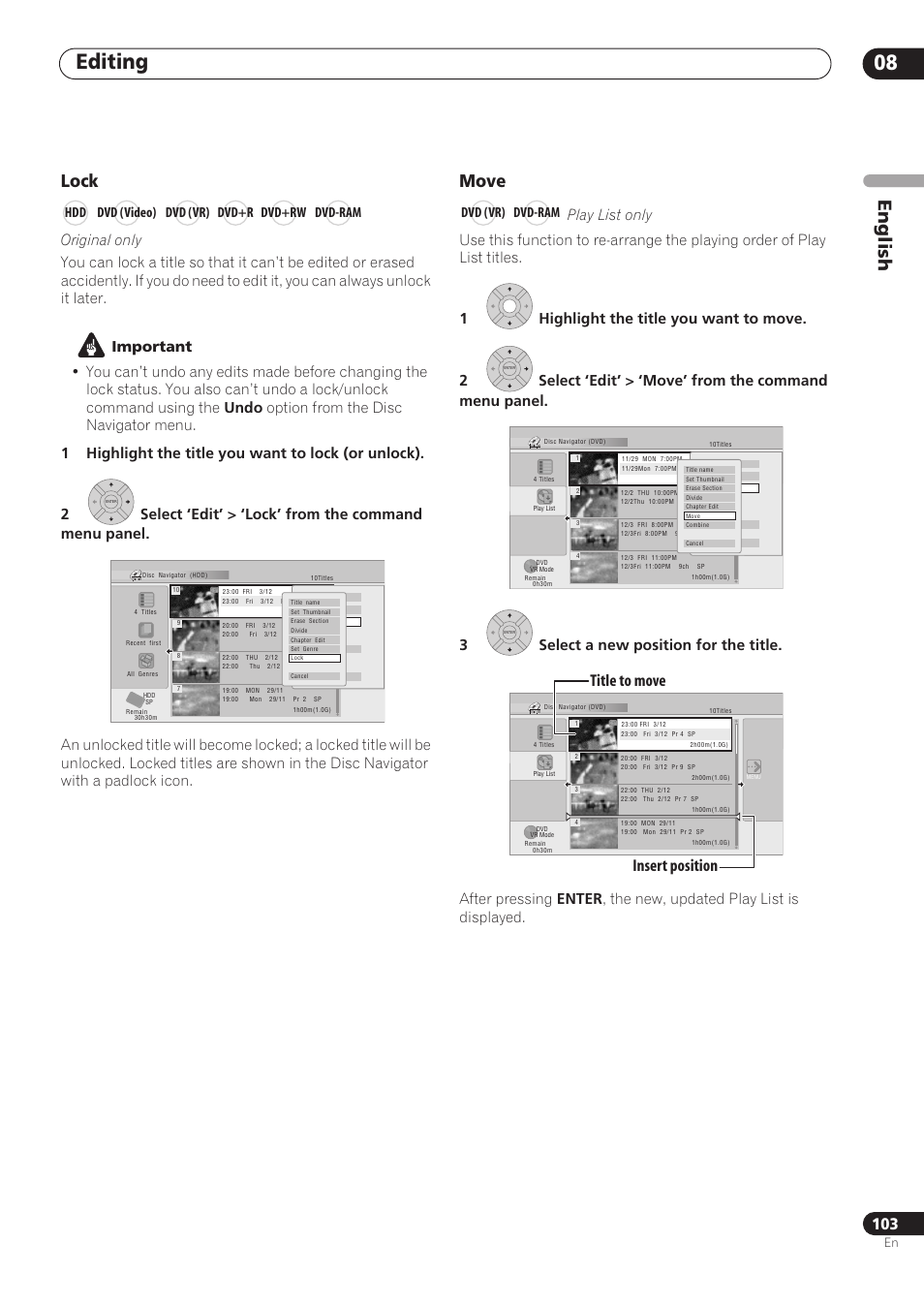 Editing 08, English, Lock | Move, Insert position title to move, Hdd dvd (video) dvd (vr) dvd+r dvd+rw dvd-ram, Dvd (vr) dvd-ram | Pioneer RCS-606H User Manual | Page 103 / 152