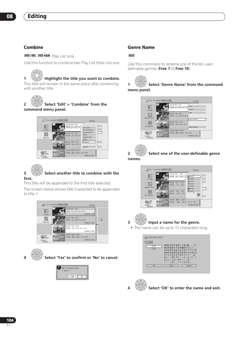 Editing 08, Combine, Genre name | Dvd (vr) dvd-ram | Pioneer RCS-606H User Manual | Page 104 / 152