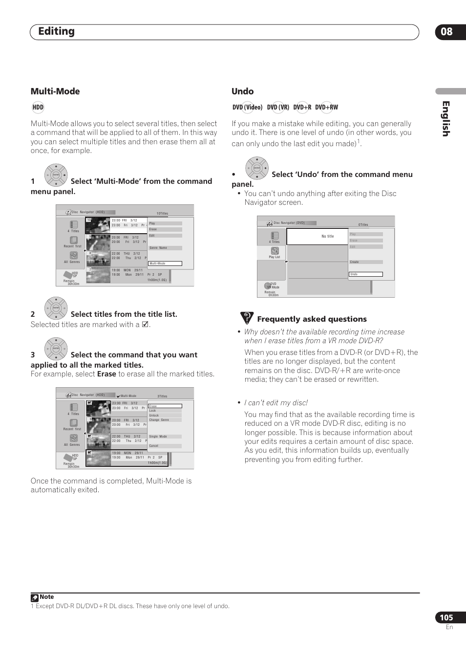 Editing 08, English, Multi-mode | Undo, Dvd (video) dvd (vr) dvd+r dvd+rw | Pioneer RCS-606H User Manual | Page 105 / 152