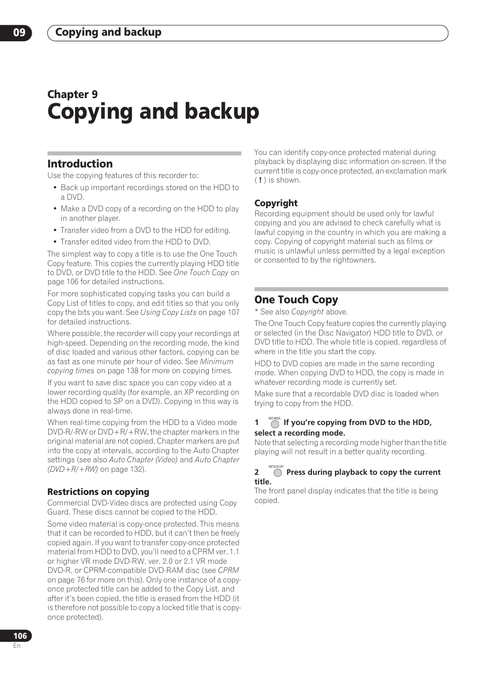 Copying and backup, Copying and backup 09, Chapter 9 | Introduction, One touch copy | Pioneer RCS-606H User Manual | Page 106 / 152