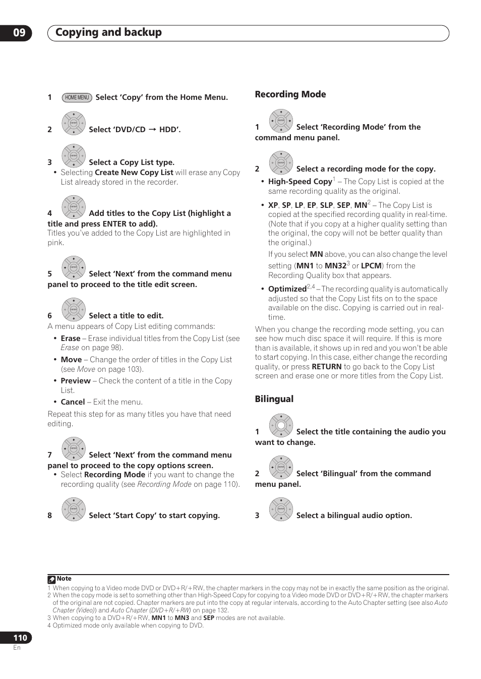 Copying and backup 09, Recording mode, Bilingual | Pioneer RCS-606H User Manual | Page 110 / 152