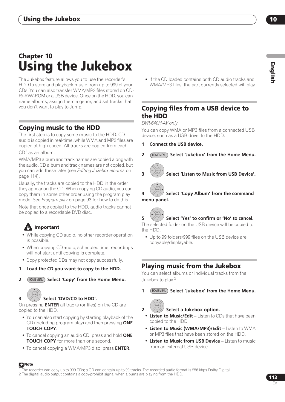 Using the jukebox, Using the jukebox 10, Chapter 10 | Copying music to the hdd, Copying files from a usb device to the hdd, Playing music from the jukebox, English | Pioneer RCS-606H User Manual | Page 113 / 152