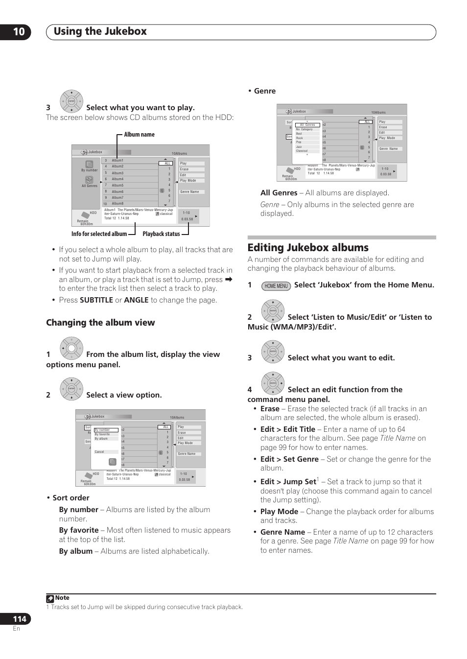 Using the jukebox 10, Editing jukebox albums, Changing the album view | Album name info for selected album playback status | Pioneer RCS-606H User Manual | Page 114 / 152