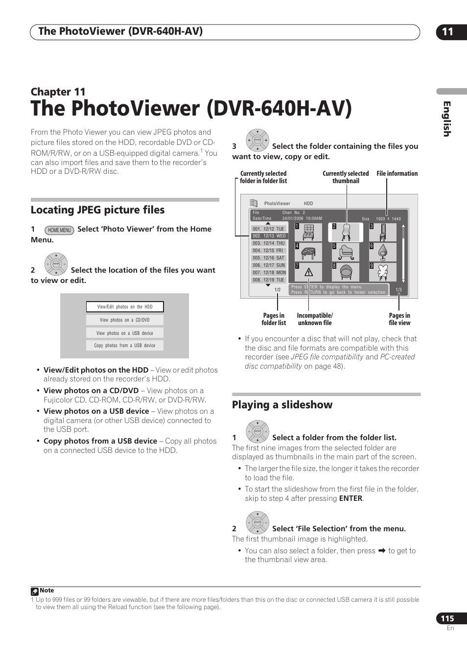 The photoviewer (dvr-640h-av), Chapter 11, Locating jpeg picture files | Playing a slideshow, English | Pioneer RCS-606H User Manual | Page 115 / 152