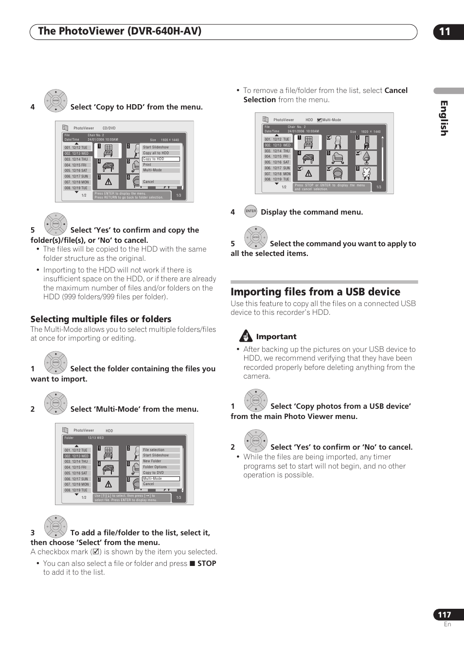 Importing files from a usb device, English, Selecting multiple files or folders | A checkbox mark, Stop | Pioneer RCS-606H User Manual | Page 117 / 152