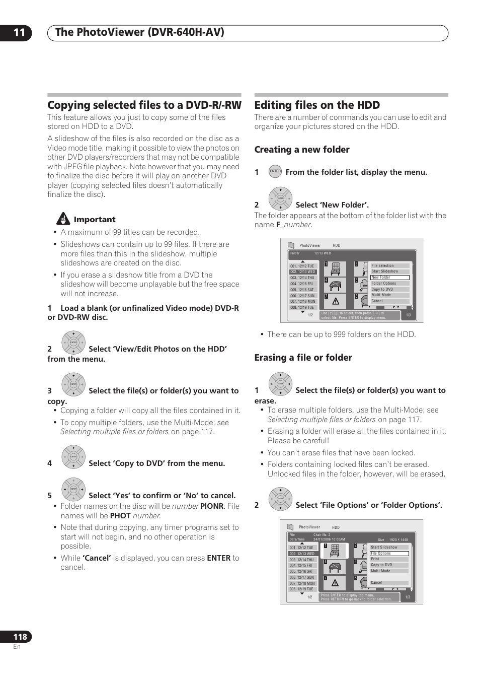 Copying selected files to a dvd-r/-rw, Editing files on the hdd, Creating a new folder | Erasing a file or folder | Pioneer RCS-606H User Manual | Page 118 / 152