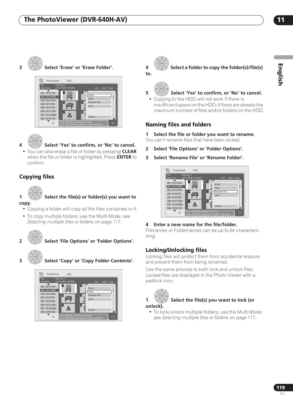 English, Copying files, Naming files and folders | Locking/unlocking files | Pioneer RCS-606H User Manual | Page 119 / 152