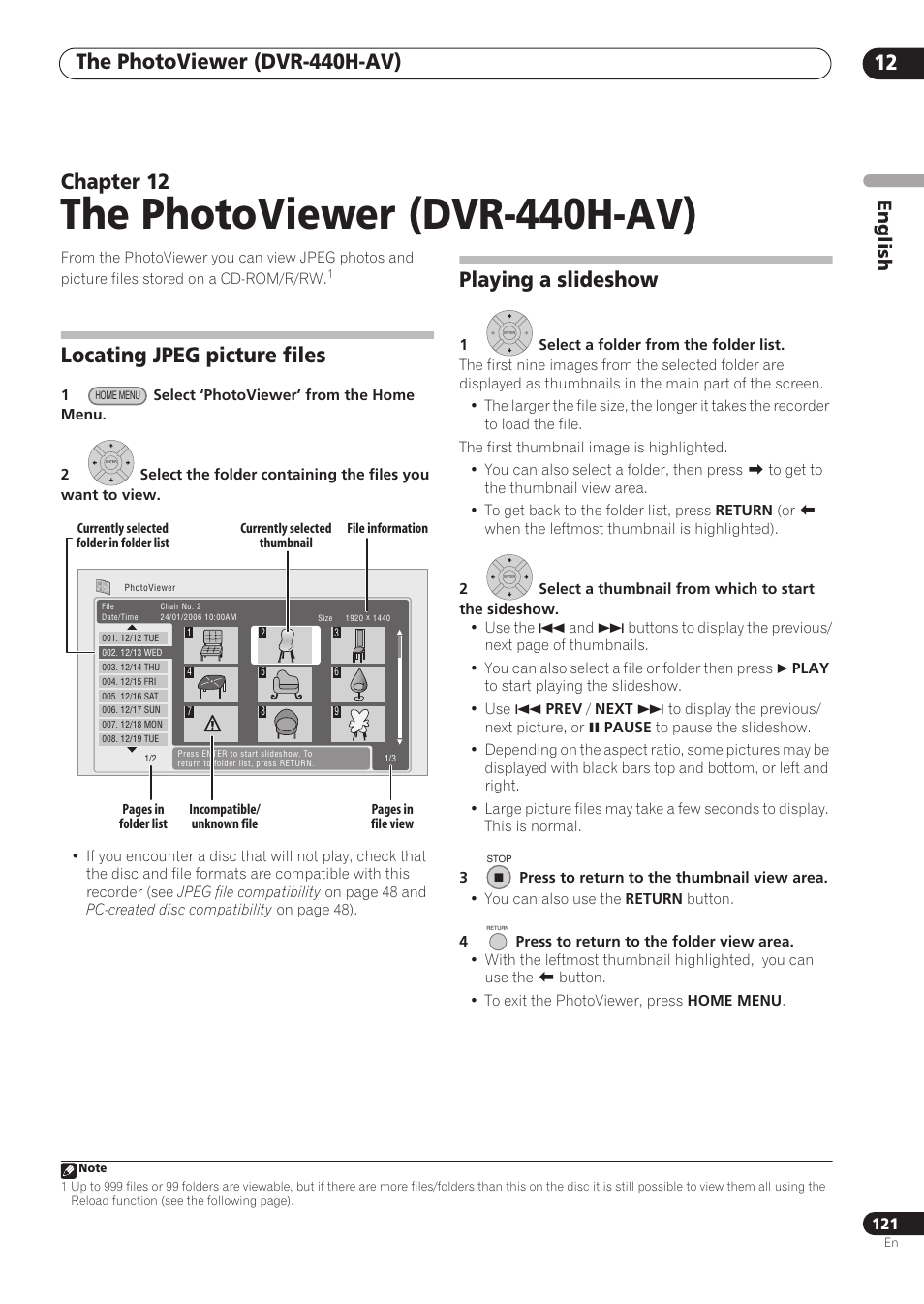 The photoviewer (dvr-440h-av), Chapter 12, Locating jpeg picture files | Playing a slideshow, English | Pioneer RCS-606H User Manual | Page 121 / 152