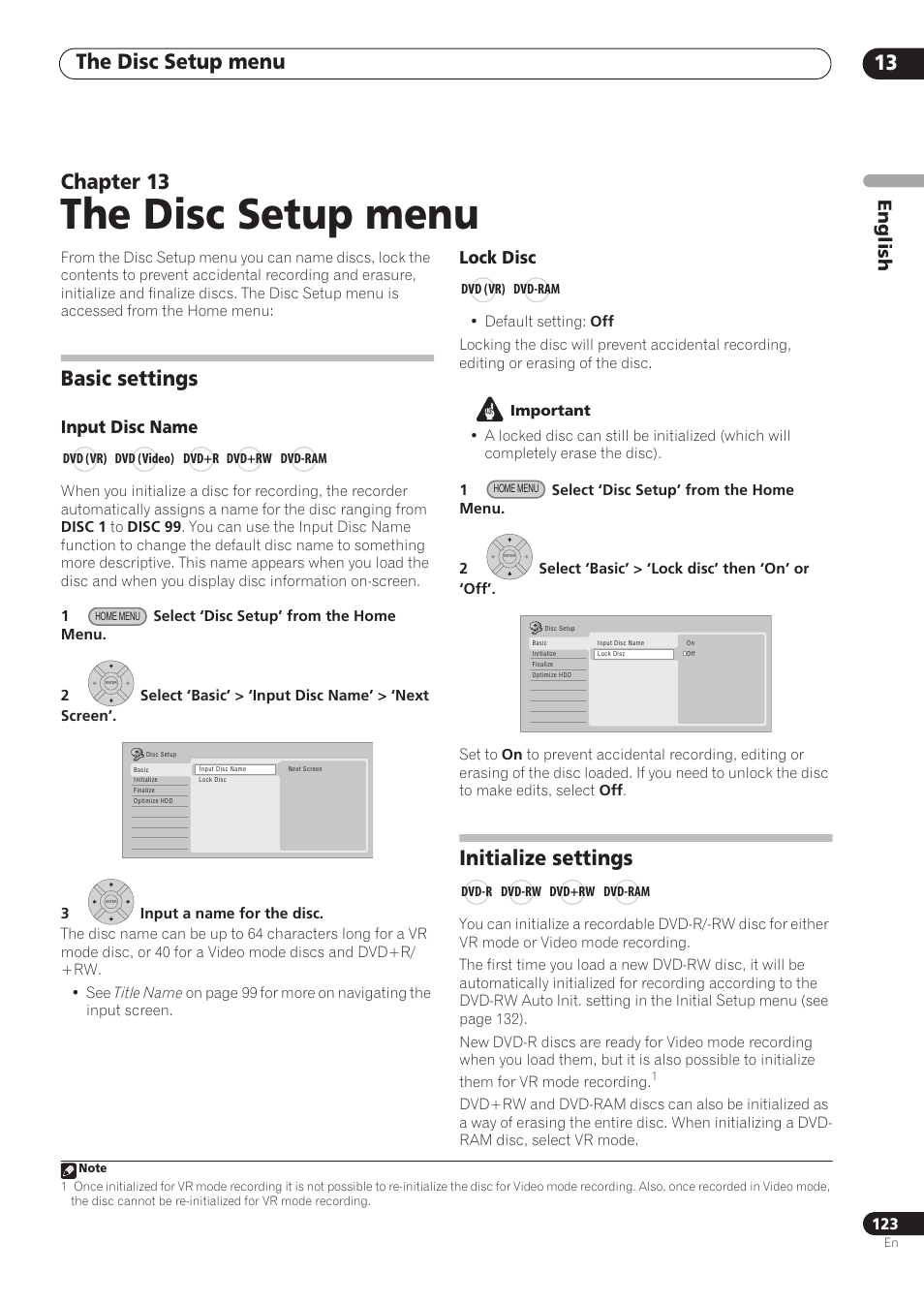 The disc setup menu, The disc setup menu 13, Chapter 13 | Basic settings, Initialize settings, English, Input disc name, Lock disc | Pioneer RCS-606H User Manual | Page 123 / 152