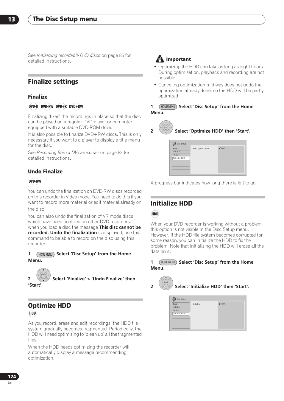 The disc setup menu 13, Finalize settings, Optimize hdd | Initialize hdd, Finalize, Undo finalize | Pioneer RCS-606H User Manual | Page 124 / 152