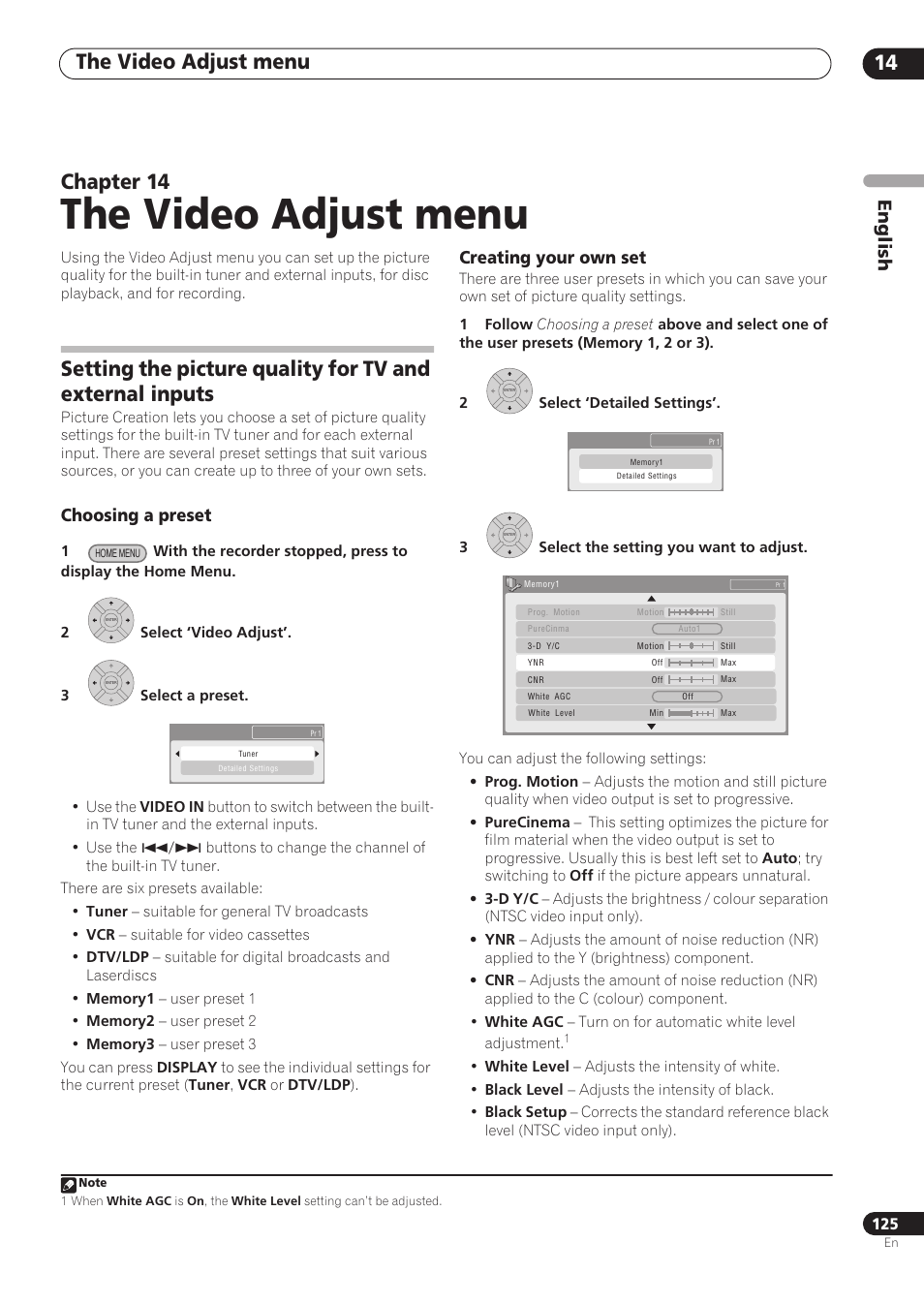 The video adjust menu, The video adjust menu 14, Chapter 14 | English, Choosing a preset, Creating your own set | Pioneer RCS-606H User Manual | Page 125 / 152