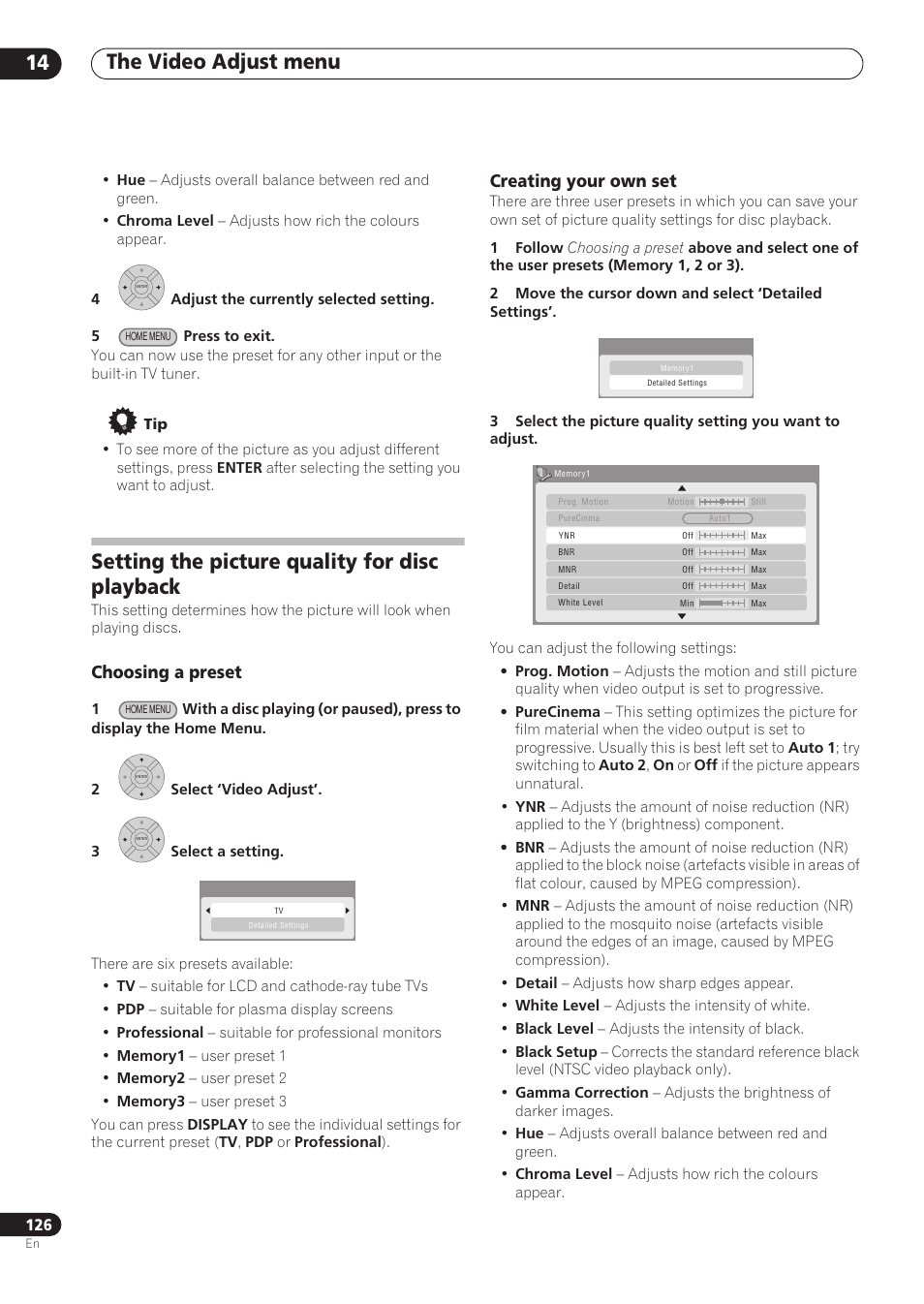 The video adjust menu 14, Setting the picture quality for disc playback, Choosing a preset | Creating your own set | Pioneer RCS-606H User Manual | Page 126 / 152