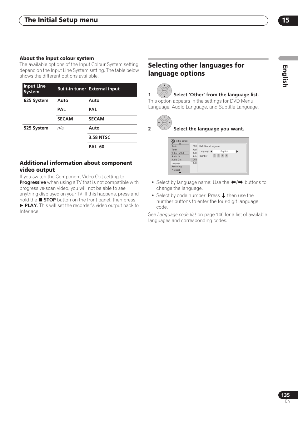 The initial setup menu 15, Selecting other languages for language options, English | About the input colour system | Pioneer RCS-606H User Manual | Page 135 / 152