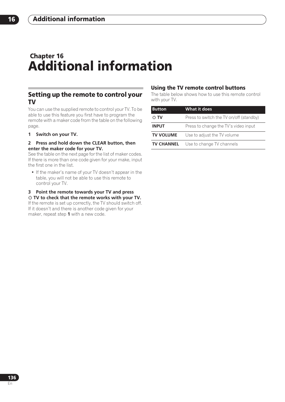 Additional information, Additional information 16, Chapter 16 | Setting up the remote to control your tv | Pioneer RCS-606H User Manual | Page 136 / 152