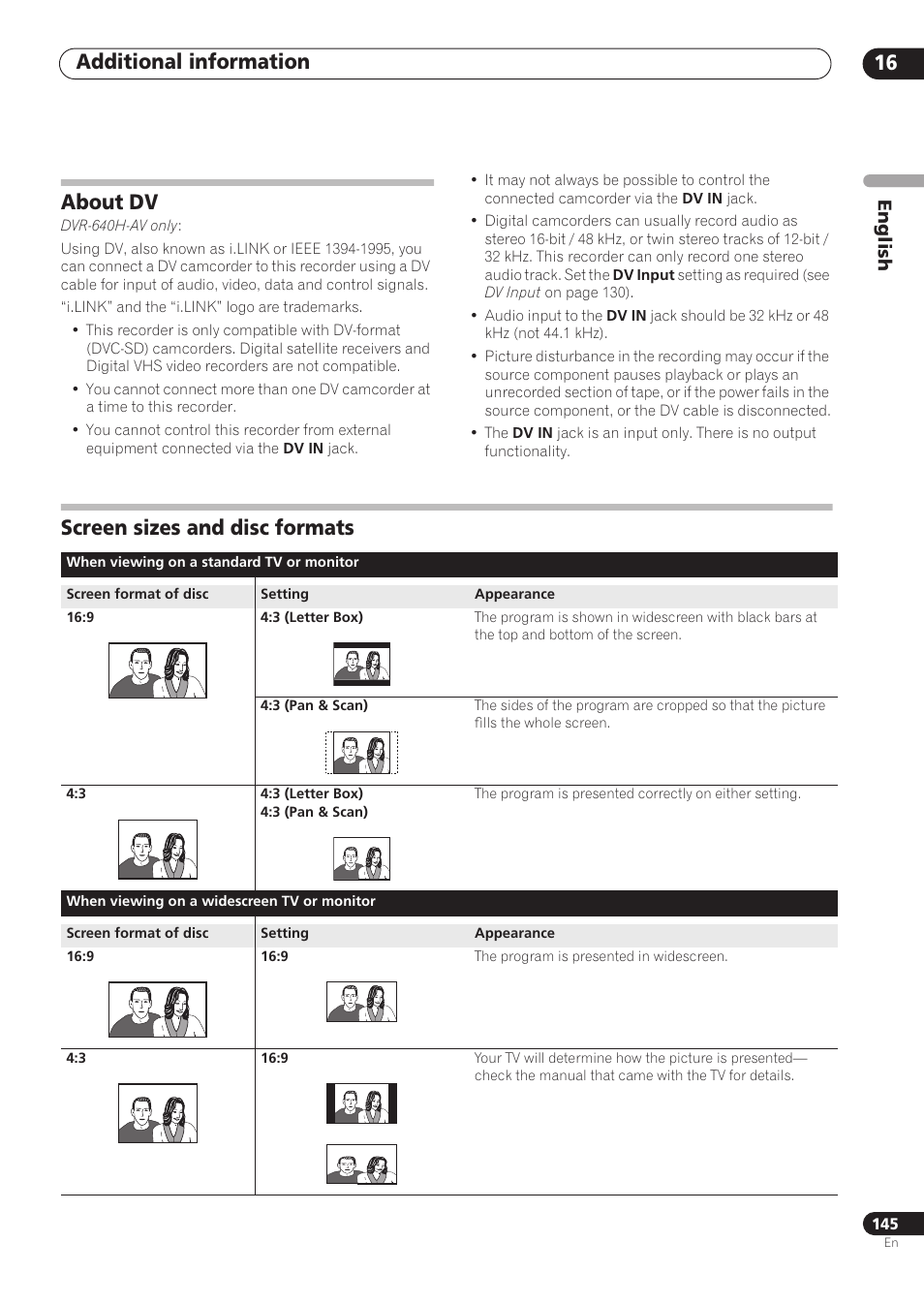Additional information 16, About dv, Screen sizes and disc formats | English | Pioneer RCS-606H User Manual | Page 145 / 152