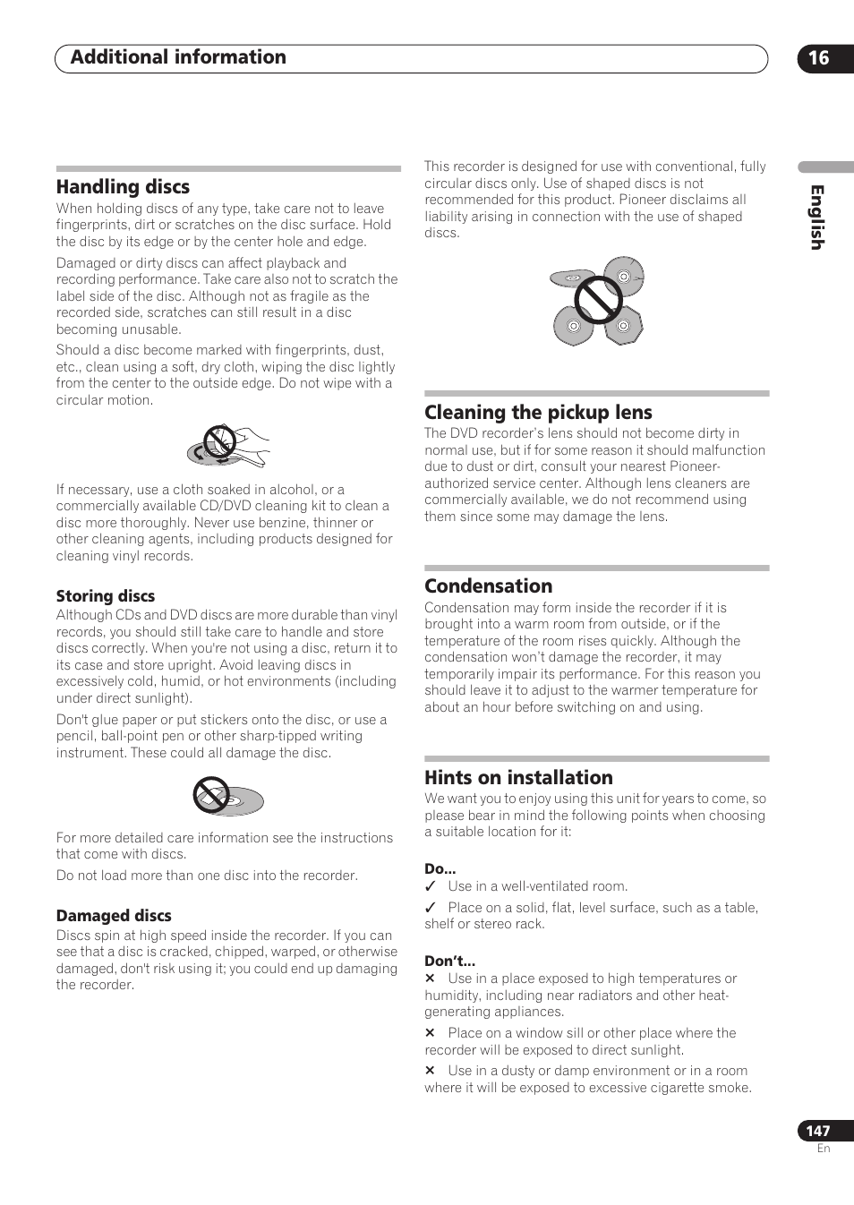 Additional information 16, Handling discs, Cleaning the pickup lens | Condensation, Hints on installation | Pioneer RCS-606H User Manual | Page 147 / 152